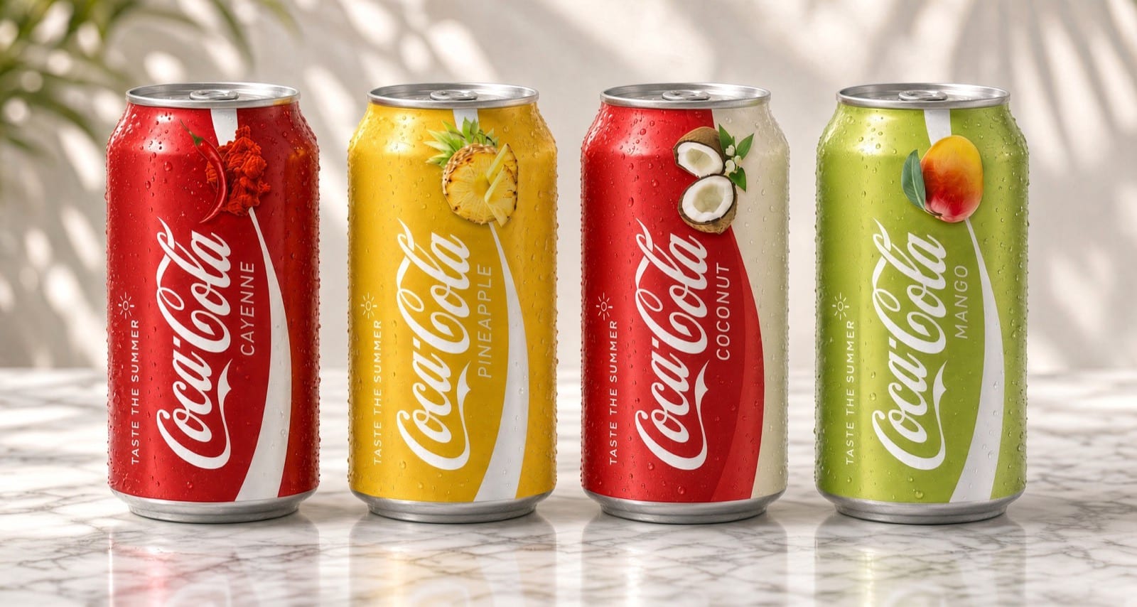 Four Coca-Cola cans in Taste the Summer flavors: cayenne, pineapple, coconut, and mango
