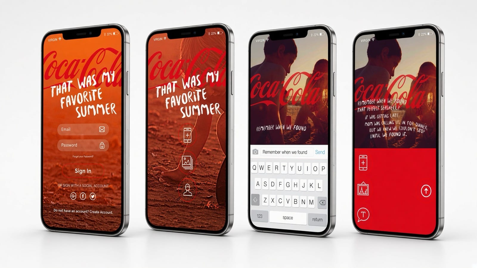 Four iPhone screens from the My Favorite Summer app: sign-in, the capture menu, typing a memory over a photograph, and the finished styled story