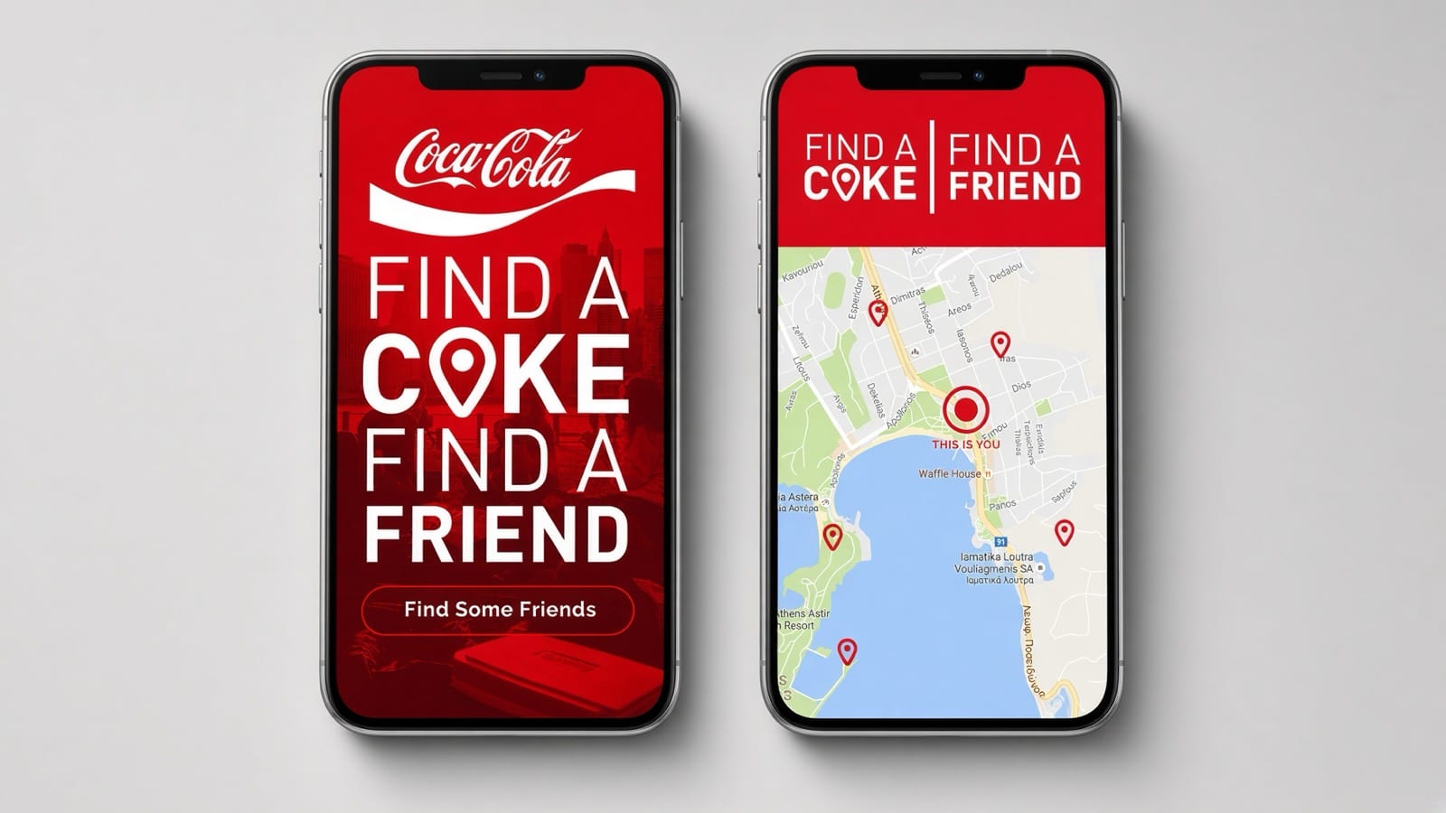 Two iPhone screens: the Find a Coke, Find a Friend splash screen and a map showing nearby users