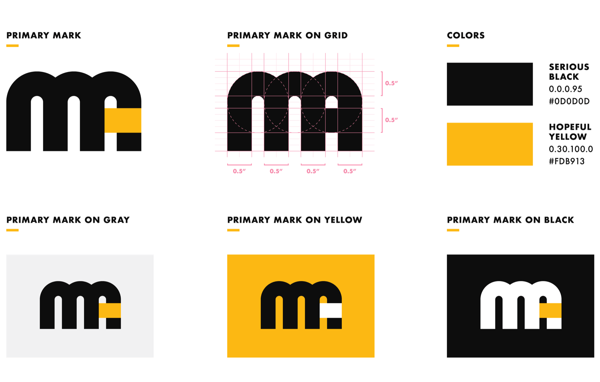 The primary mark, the mark on its grid, the colours, and the mark on gray, yellow and black