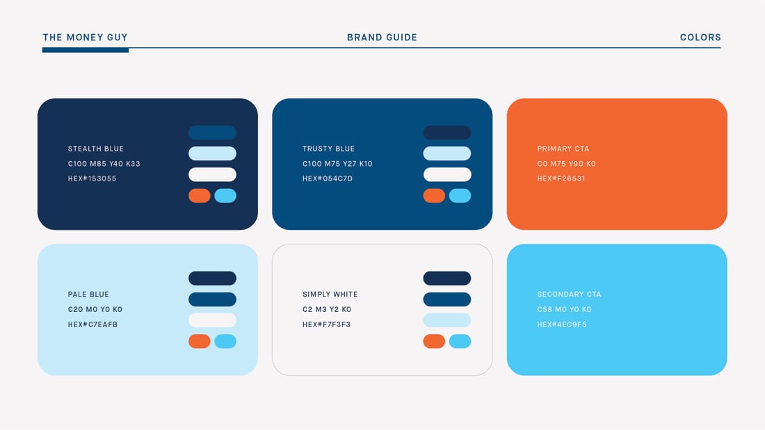 Color palette: Stealth Blue, Trusty Blue, Pale Blue, Simply White and two CTA colors
