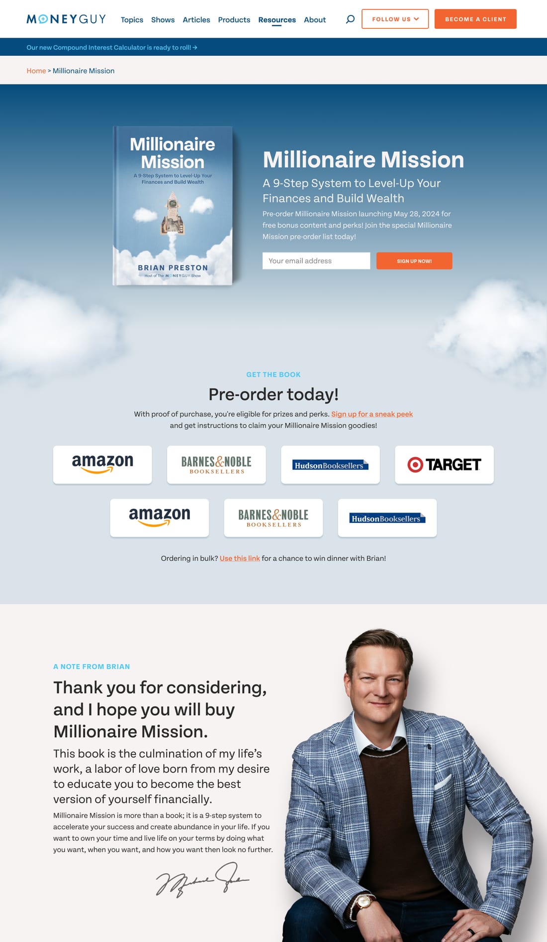 Millionaire Mission landing page on moneyguy.com