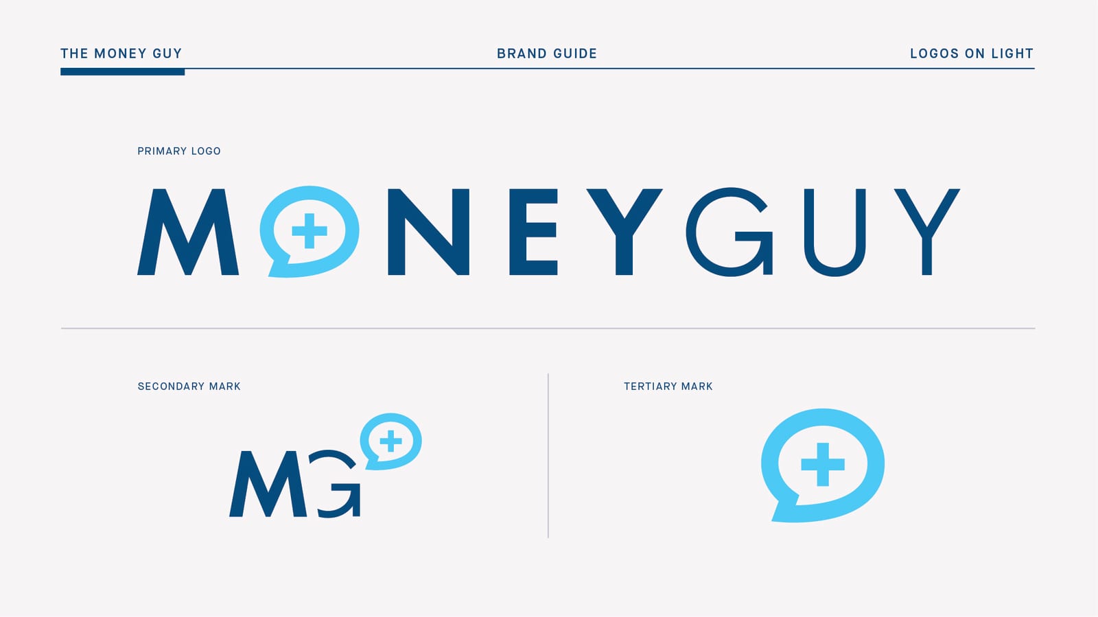 Money Guy primary logo, secondary MG mark and speech-bubble icon