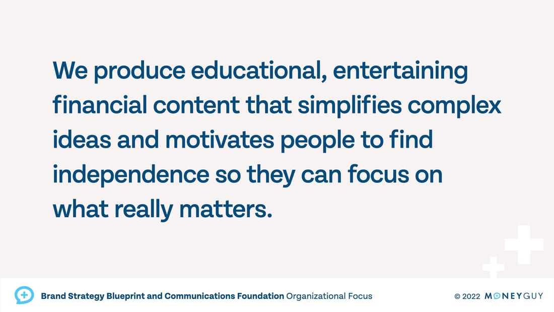 Strategy slide: We produce educational, entertaining financial content that simplifies complex ideas.