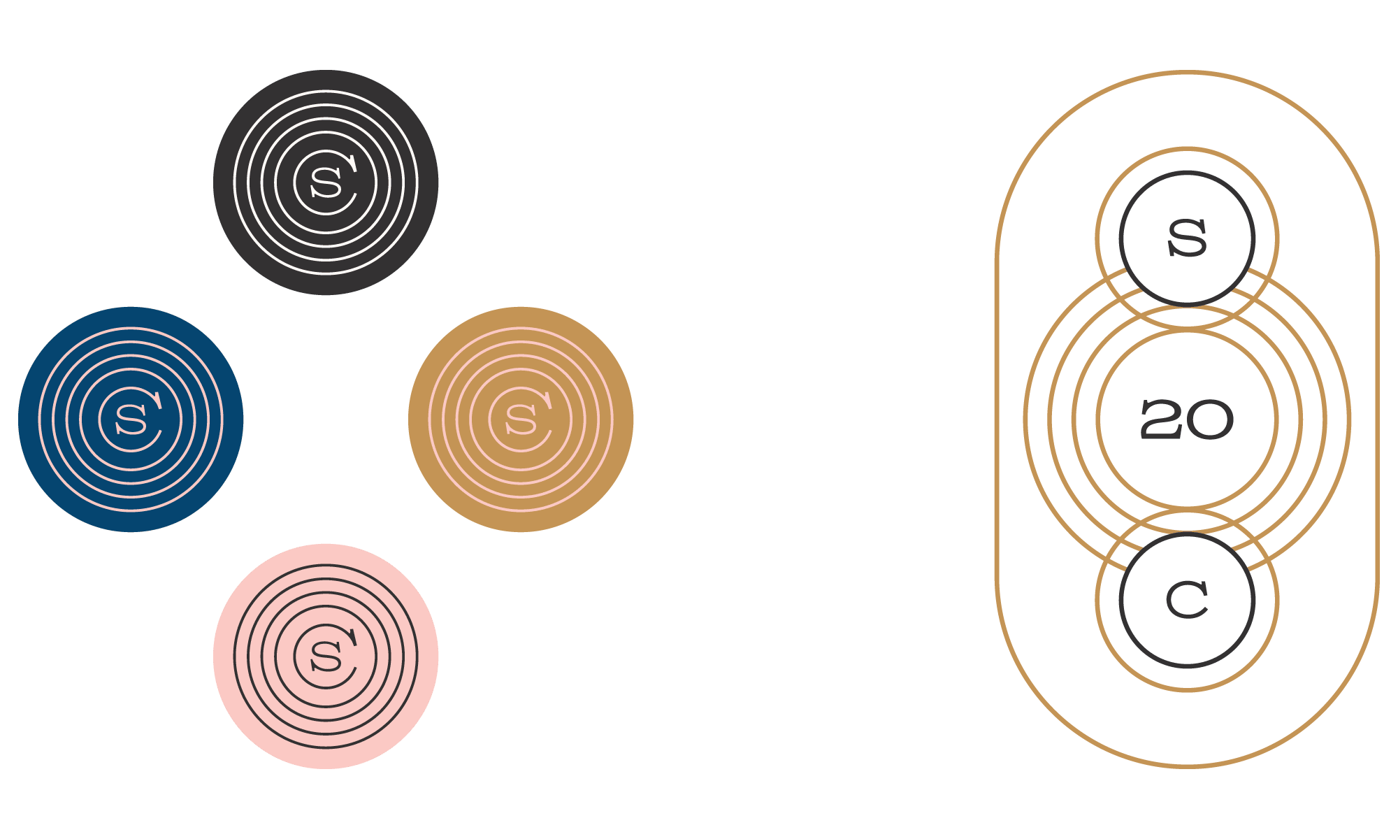 Badges in four colourways and the stacked 20 monogram