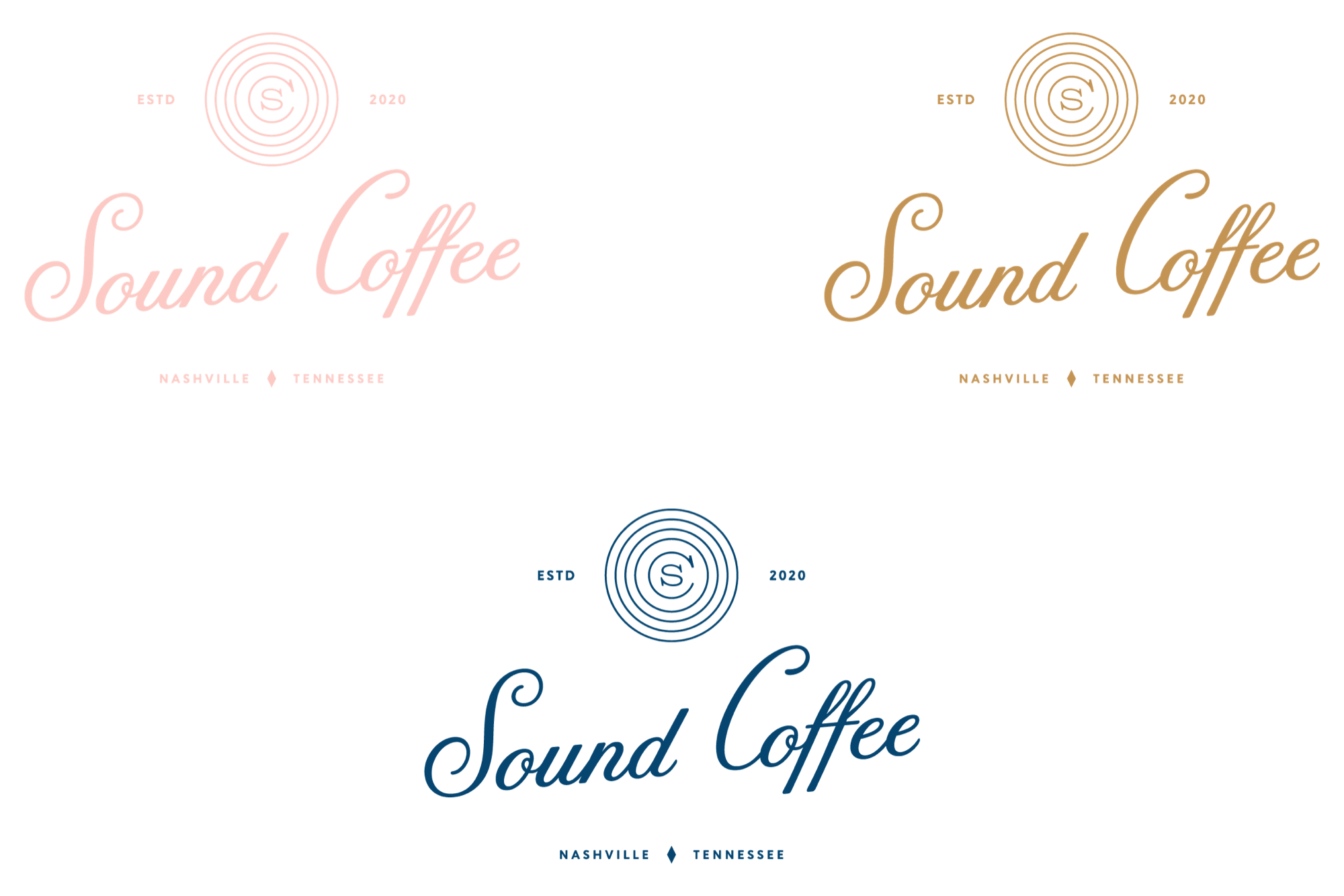 Script lockups in blush, gold and navy