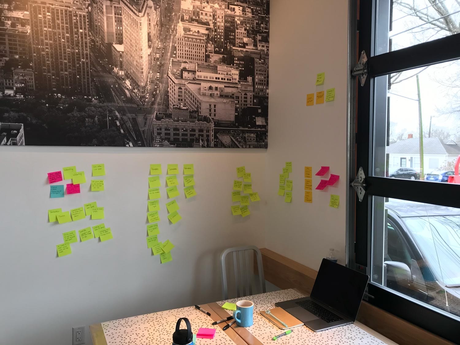 The strategy workshop wall, covered in sticky notes